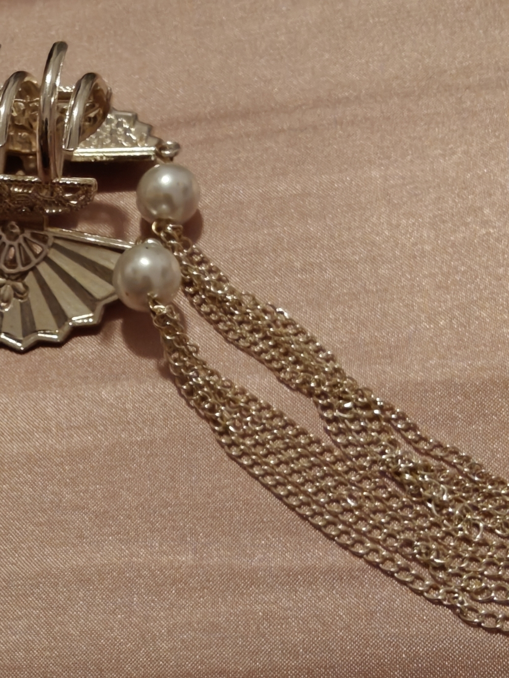 Gold Pearl Tassel Hair Clip with Red Enamel and Crystal Flower Accents - Picture 5 of 5
